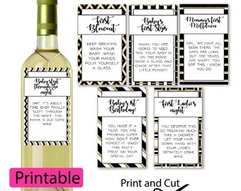 New Mom Wine Tags in Black and Gold  (DIGITAL - DIY) - Mother Milestones, Labels, Tags, Baby&#39;s First,  Birthday Gift, Mother&#39;s day, Shower