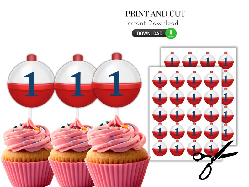 Puede incluir: Toppers de cupcake imprimibles con flotadores rojos y blancos con n&uacute;meros azules. Los toppers est&aacute;n dise&ntilde;ados para una fiesta con tem&aacute;tica de pesca. La imagen tambi&eacute;n incluye una hoja de toppers de flotadores imprimibles y un par de tijeras.