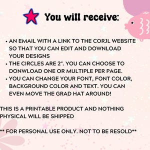 Pode incluir: Gr&aacute;fico rosa e branco com texto: "Voc&ecirc; receber&aacute;:" seguido de marcadores que descrevem um produto digital. Os c&iacute;rculos t&ecirc;m 5,08 cm. O fundo &eacute; rosa claro com estrelas e flores.