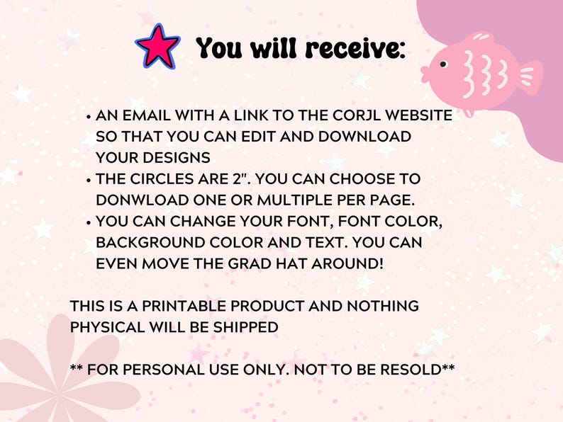 Pode incluir: Gr&aacute;fico rosa e branco com texto: "Voc&ecirc; receber&aacute;:" seguido de marcadores que descrevem um produto digital. Os c&iacute;rculos t&ecirc;m 5,08 cm. O fundo &eacute; rosa claro com estrelas e flores.