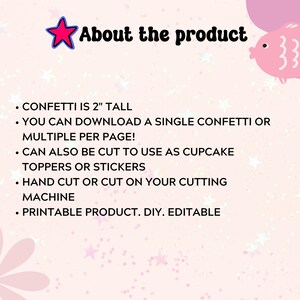 Pode incluir: Um fundo rosa com estrelas brancas e uma flor rosa na parte inferior. O texto "Sobre o produto" est&aacute; no topo. O texto diz que o confete tem 5 cm de altura, pode ser baixado e pode ser usado como toppers de cupcake ou adesivos.