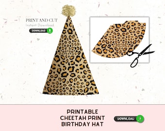 May include: Printable cheetah print birthday hat template. The template is a cone shape with a leopard print pattern. The image shows the template printed and cut out, ready to be assembled.