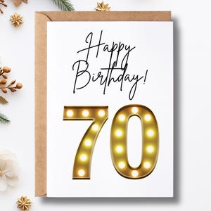 Printable 70th Birthday Card | 70th Bday Card | Marquee Lights | DIY Seventieth Birthday Gift | Card for Him | Card for Her | Print and Cut