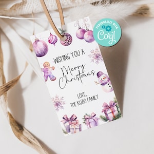 May include: Purple and white Christmas gift tag with a gingerbread person, snowman, presents, and ornaments. The tag says "Wishing you a Merry Christmas, Love, The Kuzco Family".
