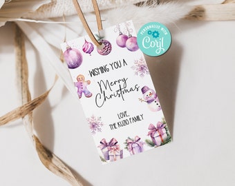 May include: Purple and white Christmas gift tag featuring a gingerbread person, snowman, presents, and ornaments. The tag reads "Wishing you a Merry Christmas, Love, The Kuzco Family".