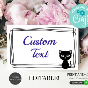 Printable and Editable Black Cat Place Cards - Customize, DIY, Halloween Table Tent Cards, Food Cards, Scary, Personalize with Corjl