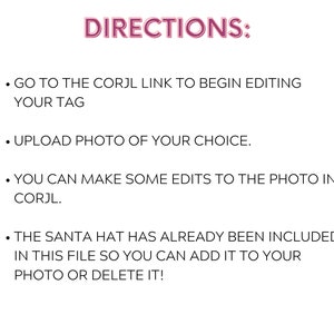 Peut inclure: Un ensemble d'instructions pour &eacute;diter une photo en utilisant le site Web Corjl. Les instructions comprennent les &eacute;tapes pour t&eacute;l&eacute;charger une photo, effectuer des modifications et ajouter un chapeau de P&egrave;re No&euml;l.