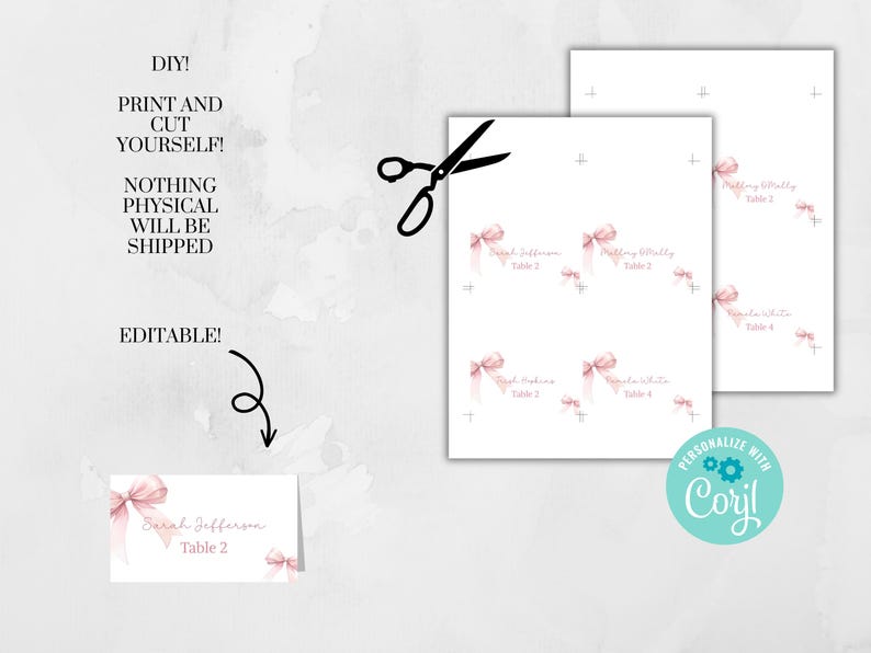 May include: Printable table cards with pink watercolor bows and the text "Table 2" and "Sarah Jefferson". The cards are editable and can be personalized with the text "DIY! Print and Cut Yourself! Nothing Physical Will Be Shipped. Editable!"