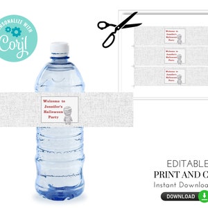 May include: Printable water bottle labels featuring a mummy design with the text "Welcome to Jennifer's Halloween Party". The labels are on a white background with a burlap texture.