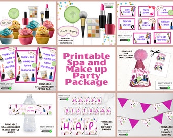 Spa Printable Party Package (Instant Download) - DIY, Print and Cut, Spa Party, Cupcake Toppers, Make up Centerpieces, Favor tags, Banner