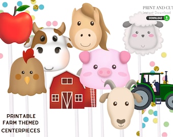 Farm Themed Centerpieces (Printable) - Digital Farm Party Decorations, DIY, Print and Cut, JPEG, PNG, Cow, Pig, Sheep, Chicken, Baby Shower