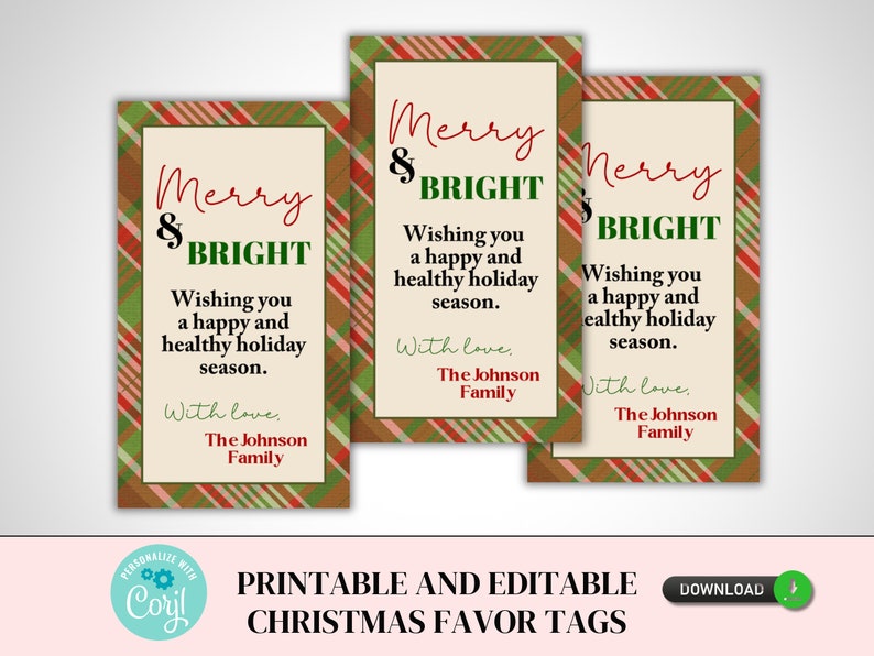 Może przedstawiać: Trzy drukowane etykiety na prezenty świąteczne z kratkowanym tłem. Etykiety zawierają tekst "Merry & Bright" z świątecznym pozdrowieniem i słowa "Z miłością, Rodzina Johnson&oacute;w".