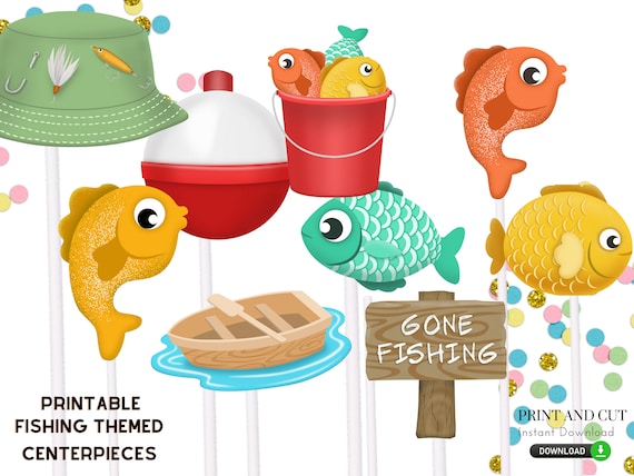 Fishing Themed Centerpieces printable Digital Fish Party Decorations, DIY,  Print and Cut, JPEG, PNG, O'fishally One, Canoe, Rod, Fish 