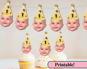 1st Bee Day Cupcake Toppers | Printable Bee Themed Banner | Digital 1st Birthday Party | Print and Cut | Hap-Bee-Day Party | Honey Bee Theme