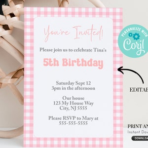 Printable and editable pink gingham invitation for birthday party or baby shower