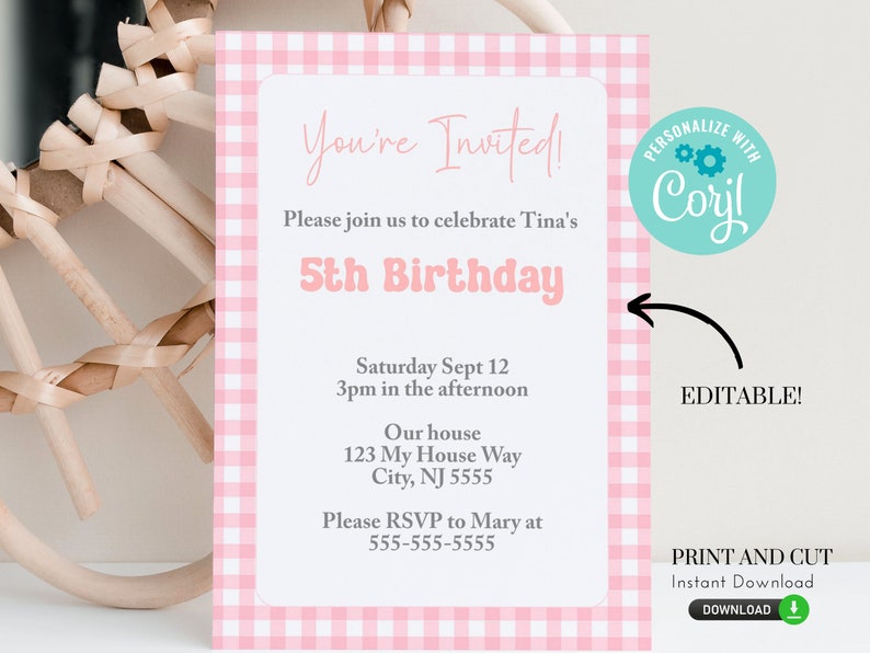 Printable and editable pink gingham invitation for birthday party or baby shower