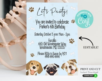 Pode incluir: Convite de festa imprimível e editável com fundo azul e pegadas. O convite diz "Let's Pawty!" e é para o 6º aniversário do Parker. Inclui data, hora e local. O convite também apresenta três cães de desenho animado: um beagle, um pug e um bulldog.
