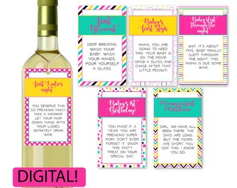 New Mom Wine Labels and Colorful Tags  (DIGITAL - DIY) - Mother Milestones, Labels, Tags, Baby&#39;s First, Birthday Gift, Mother&#39;s day