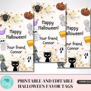 Pu&ograve; includere: Etichette per bomboniere di Halloween stampabili con sfondo bianco e glitter dorato. Le etichette presentano vari personaggi di Halloween come una mummia, uno scheletro, un fantasma, uno zombie, un gatto nero, un ragno, una zucca e un mais dolce. Il testo sulle etichette recita "Buon Halloween!" e "Il tuo amico, Connor".