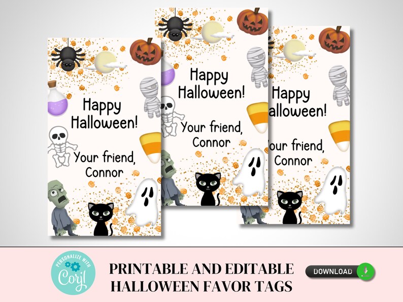 Pu&ograve; includere: Etichette per bomboniere di Halloween stampabili con sfondo bianco e glitter dorato. Le etichette presentano vari personaggi di Halloween come una mummia, uno scheletro, un fantasma, uno zombie, un gatto nero, un ragno, una zucca e un mais dolce. Il testo sulle etichette recita "Buon Halloween!" e "Il tuo amico, Connor".