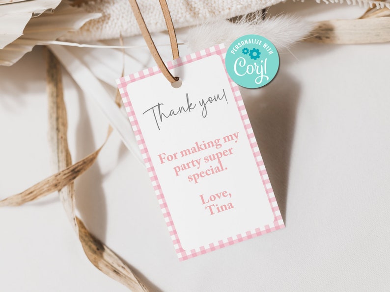 Printable and editable pink gingham favor tags