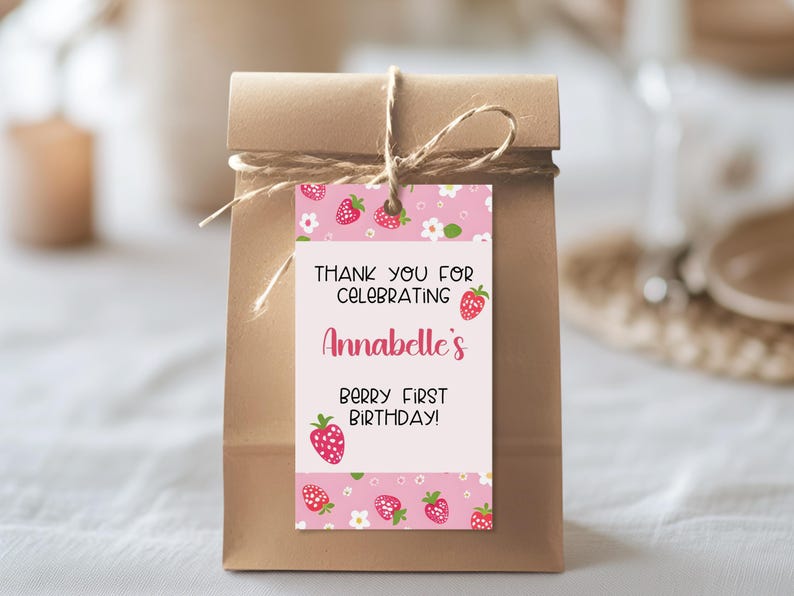 Berry First Birthday favor tags - strawberry-themed party decorations