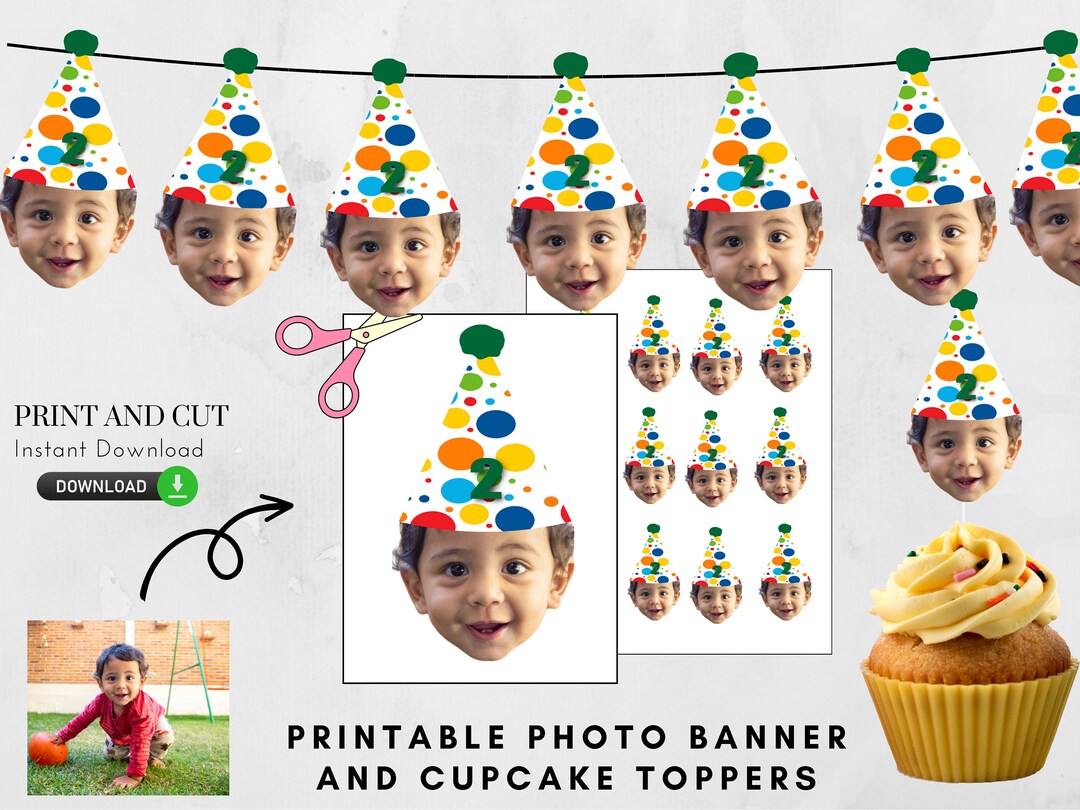 Printable Photo Decorations, Face Banner, Face Cupcake Toppers DIY Digital Face Decorations