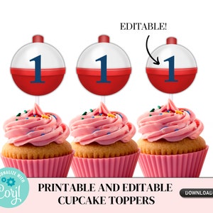 Puede incluir: Toppers de cupcake imprimibles y editables con flotadores rojos y blancos con el n&uacute;mero 1 en azul. Los toppers son perfectos para una fiesta de primer cumplea&ntilde;os.