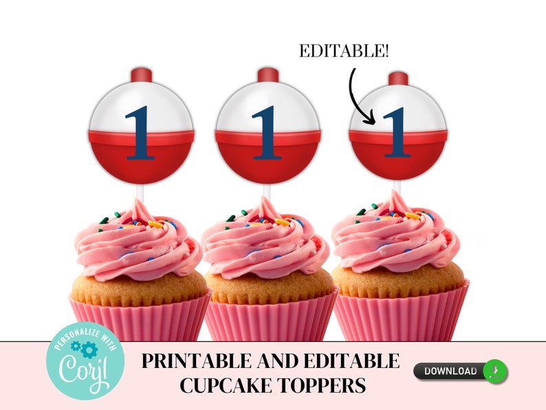 Puede incluir: Toppers de cupcake imprimibles y editables con flotadores rojos y blancos con el n&uacute;mero 1 en azul. Los toppers son perfectos para una fiesta de primer cumplea&ntilde;os.
