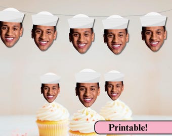 Digital Sailor Cupcake Toppers | Printable Sailor Hat Banner | Nautical Bachelorette | Navy Graduation | Print and Cut | Face Cut Out