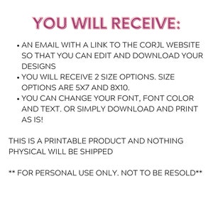what you will receive for Printable and editable pink gingham sign in 5x7 and 8x10.