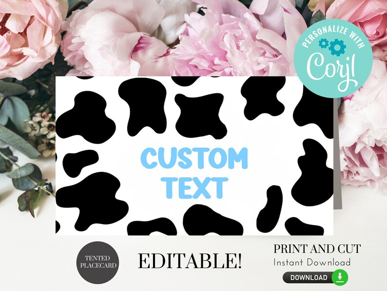 cow print place card printable. Edit text, color and font