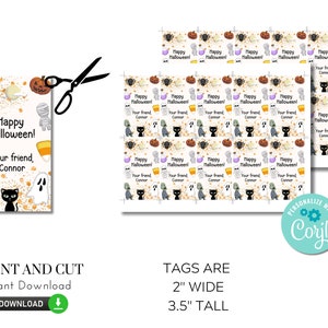 Pu&ograve; includere: Etichette regalo di Halloween stampabili con una variet&agrave; di personaggi spettrali, tra cui una mummia, un fantasma, un ragno, un gatto nero e uno zombie. Le etichette misurano 5 cm di larghezza e 8,9 cm di altezza. Il testo sulle etichette recita "Buon Halloween! Il tuo amico, Connor".