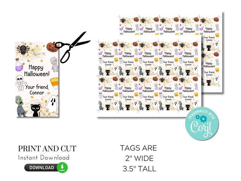 Pu&ograve; includere: Etichette regalo di Halloween stampabili con una variet&agrave; di personaggi spettrali, tra cui una mummia, un fantasma, un ragno, un gatto nero e uno zombie. Le etichette misurano 5 cm di larghezza e 8,9 cm di altezza. Il testo sulle etichette recita "Buon Halloween! Il tuo amico, Connor".