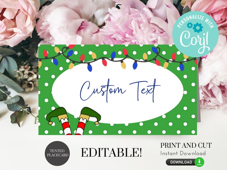 May include: Editable Christmas place card template with a green background, white polka dots, and a string of colourful lights. The text "Custom Text" is in a white oval with a cartoon elf's legs sticking out from the bottom.