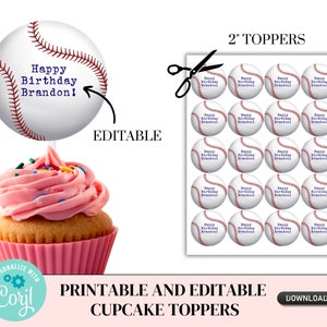 Editable and Printable Baseball Cupcake Toppers for Birthday, Sports Party, Rookie of the Year, End of Year Party, Baseball Decorations, 118