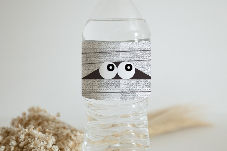 May include: A clear plastic water bottle with a white label that has a mummy design with two eyes peeking out from under the bandages. The label has a wood grain texture.