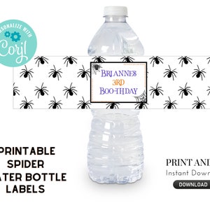 May include: Printable water bottle labels featuring a black spider pattern and the text "BRIANNES 3RD BOO-THDAY".