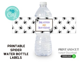 May include: Printable water bottle labels featuring a black spider pattern and the text "BRIANNES 3RD BOO-THDAY".