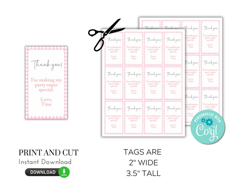 Pink Gingham Favor Tags Printable and Editable - It's a Girl, Pink Baby Shower, Pink Party ...