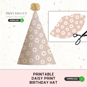 Druckbarer Daisy Print Partyhut (DIY) - Download, Geburtstag Hut, BDay Party, Digital, Groovy Hat, BOHO Partyhut, Daisy Geburtstag X1