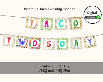 Utskrivbar banderoll för Taco Twosday-fest - Digital nedladdning, Fiesta-temafest, Skriv ut och klipp ut, 2-årsdag, Andra födelsedag, Taco-fest