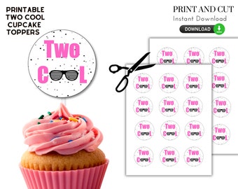 Two Cool Hand Printable Cupcake Toppers Digital, DIY, Print and Cut, Too  Cool,2nd Birthday, Pink, Girly , 2nd Bday, Cool Glasses, 102 