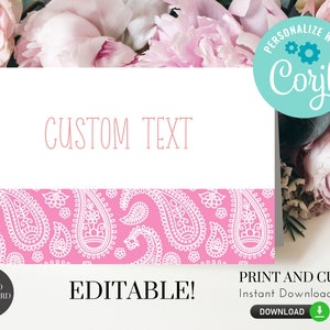 May include: Editable pink and white paisley patterned place card template with the text "CUSTOM TEXT" and "TENTED PLACECARD". The template is available for instant download.