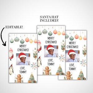 May include: Christmas-themed cards with the text "MERRY CHRISTMAS!" and "LOVE, TOMMY." The cards feature a photo of a child wearing a Santa hat, along with illustrations of ornaments, Santa, a polar bear, a penguin, and a gingerbread man.