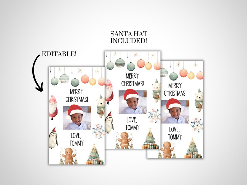 May include: Christmas-themed cards with the text "MERRY CHRISTMAS!" and "LOVE, TOMMY." The cards feature a photo of a child wearing a Santa hat, along with illustrations of ornaments, Santa, a polar bear, a penguin, and a gingerbread man.