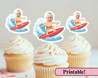 Digital Surfing Cupcake Toppers | Printable Banner | 1st Birthday Party | Print and Cut | Face Cut Out | The Big One Theme | Baby Surfing
