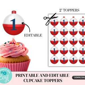Printable and editable fishing cupcake toppers. Bobber with number on them