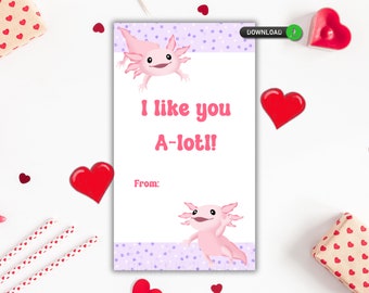 Axoltl Valentine's Day Tag Printable Valentines Day Card, School Tag, Animal Valentine, Print and Cut, I like you Alotl - 300
