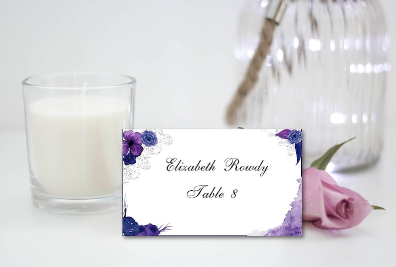 Place Card Template in Navy and Purple Watercolor Print - Etsy